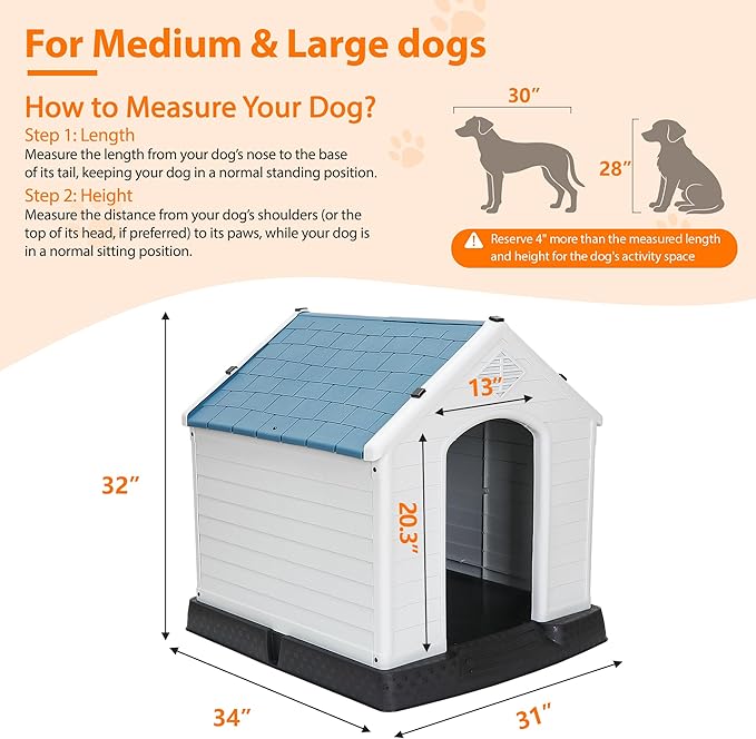 Large Plastic Dog House Indoor Outdoor Durable Ventilate Doghouse for Small Medium Large Dogs Insulated Puppy Shelter w/Air Vents Elevated Floor Waterproof Blue