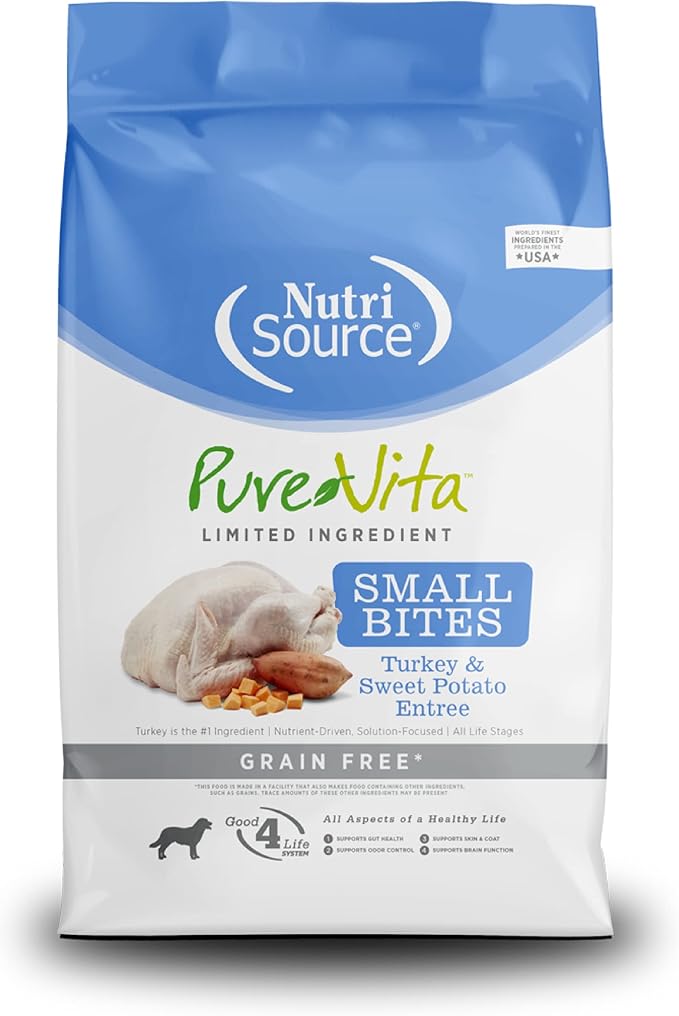 NutriSource Pure Vita Limited Ingredient Grain Free Dry Dog Food, Small Bites, Turkey and Sweet Potato, 15LB