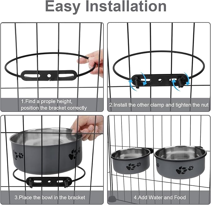 Stainless Steel Dog Crate Bowls Hanging No Spill 2 PCS - Adjustable Mountable Kennel Bowls for Medium/Large Dogs, Anti Spill Water & Food Bowl Set (Gray, L(6.3"+7.1"))
