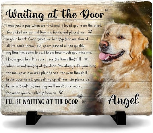 Personalized Dog Memorial Stone - Waiting at The Door Poem Plaque - Pet Loss Sympathy Gift for Dog Passing, Remembrance Keepsake for Mom Dad Friends, in Loving Memory Pet Tribute