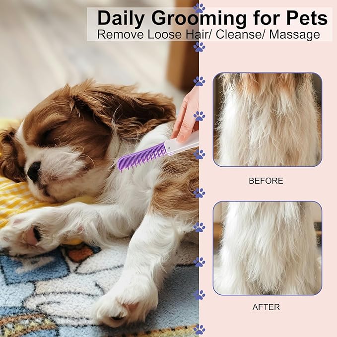Foldable Dual-Head Puppy Brush, Small Dogs Interchangeable Combs Soft Bristles Portable Grooming Tool, Fit for Yorkie Shih Tzu Maltipoo Maltese (White and Purple)