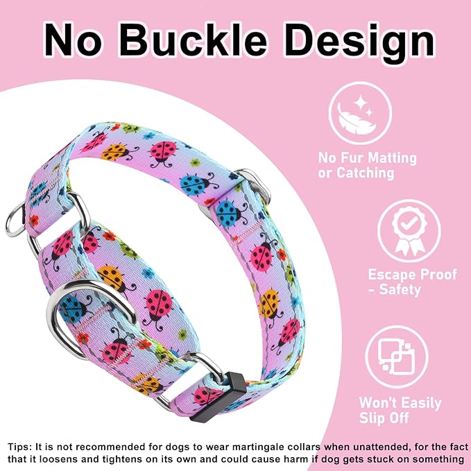 Reflective Martingale Collar for Dogs Nylon Training Collar with No Buckle, No Pull Adjustable Dog Collar for Small Dogs（Gradient Ladybug，S）