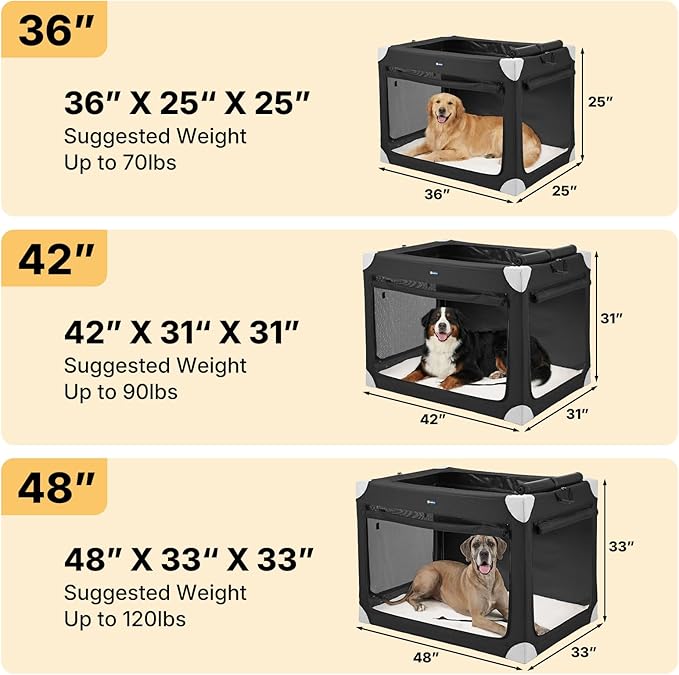 Veehoo Extra Large Dog Crate for Indoor Outdoor, Portable Collapsible Travel Dogs Crate, 48 Inch Soft Foldable Pet Kennel with 4-Door Mesh Windows
