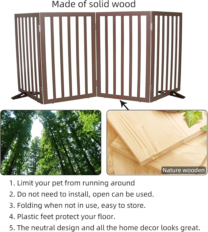 Dog Gate Indoor, Freestanding Dog Fence for The House, Doorways, Hallways,or Stairs,Pet Gate Foldable Wooden,Expandable 32" Height 4 Panels,Brown