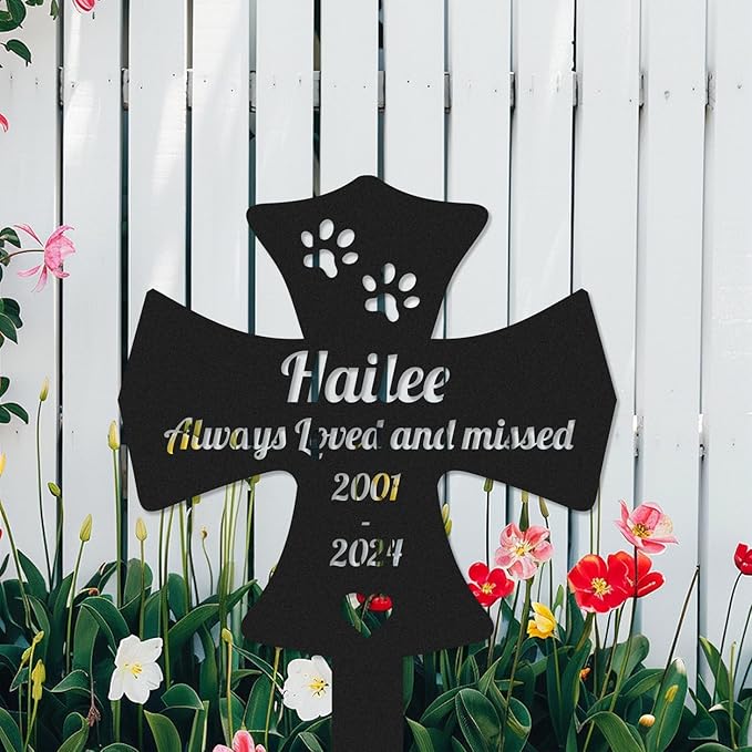 Custom Dog Cat Memorial Grave Marker Metal Sign with Stake, Personalized Pet Memorial Garden Cross Stake for Cemetery Yard, Customized Sympathetic Grave Marker Memorial Plaque Burial Marker