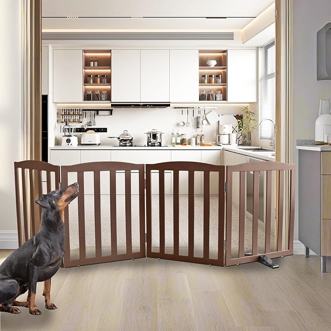 ZJSF Foldable Freestanding Indoor Dog Gate for House Wood Long Pet Gates Dog Fence for Stairs Puppy Gates for Hallways, Puppy Gate,Support Feet Included, Brown, 24 "Height-4 Panels