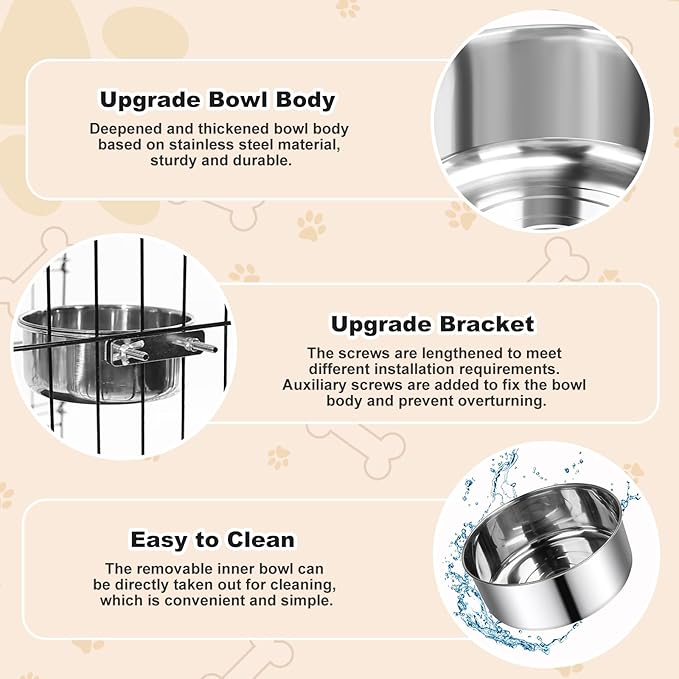 Crate Dog Bowls, Removable Stainless Steel Dog Bowls for Food and Water, Pet Kennel Hanging Food Water Feeder Station for Small/Medium/Large Pets, (7.1"x3.7" & 6.3"*2.6", Silver)