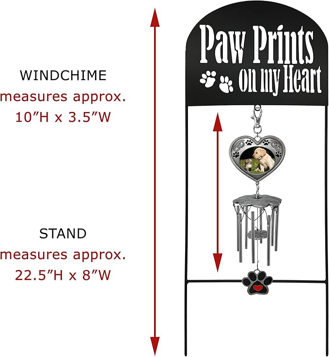 Pet Memorial - Garden Marker with Wind Chimes and Photo Frame- Black Wrought Iron Garden Stake and Windchime - Paw Prints on My Heart - Dog or Cat Loss Gift - Pet Memorial Gifts - 22.5" H