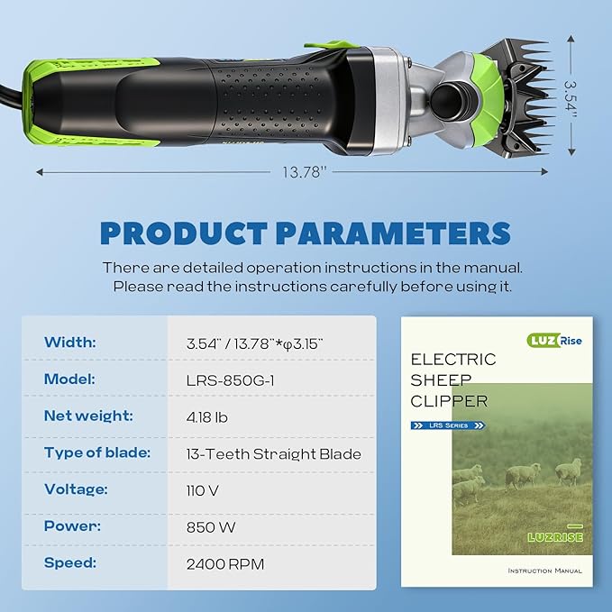 Sheep Shears Electric 850W 2400RPM Professional Heavy Duty Shearing Clipper with 6 Speed, for Shaving Fur Wool in Sheep, Goat, Cattle, and Other Farm Livestock Pet with Carrying Case (Size: 13.8*3.6")