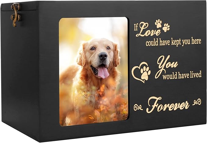 Pet Memorial Urns for Dog or Cat Ashes, Large Wooden Funeral Cremation Urns with Photo Frame, Memorial Keepsake Memory Box with Black Flannel as Lining, Loss Pet Memorial Remembrance Gift