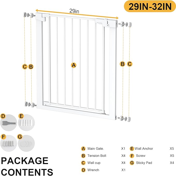 29-32 inches Metal Baby Gate for Stairs/Doorways, 30 inches Tall Pressure Mounted Pet Gates, Auto-Close Child Safety Gate, No Drilling Easy Walk-Through Dog Gate Indoor, White
