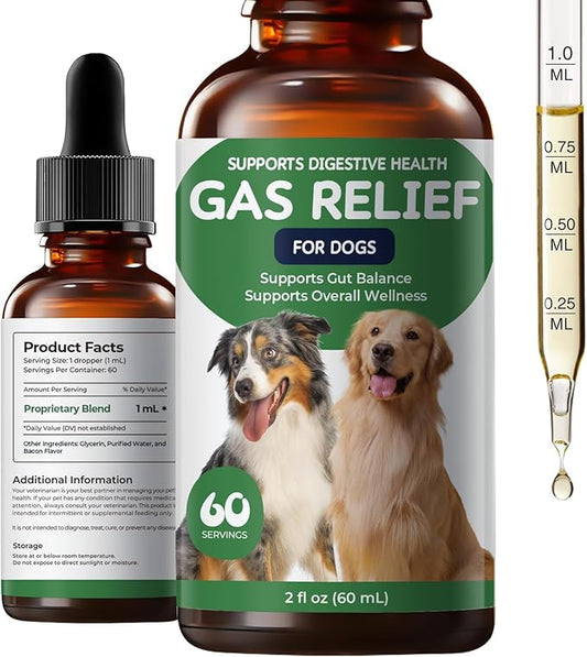 Gas Relief Supplement for Dogs Liquid, Supports Digestive Comfort & Gut Balance, Bacon Flavor, Daily Digestive Care Drops, 2 fl oz (60 mL)