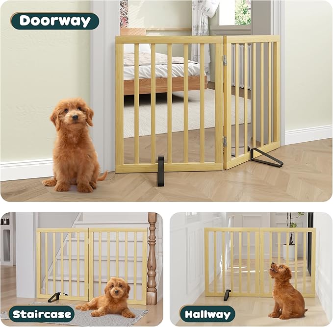 Semiocthome Dog Gate Indoor 2-Panel Freestanding Puppy Fence for House with 2 Metal Stands 24" H Folding Wood Pet Safety Fence for Stairs Doorway, Fully Assembled - Natural