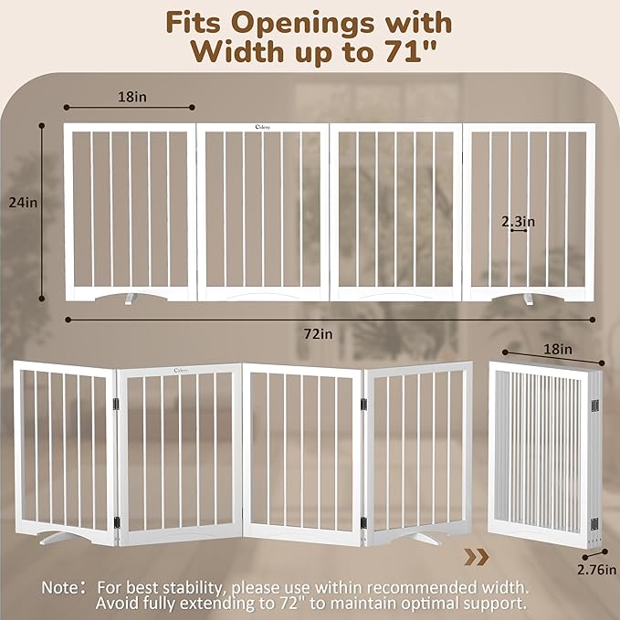 Free Standing Dog Gate Indoor, Foldable Dog Gate for Doorways Stairs Hallways,4-Panel Freestanding Pet Gate with Support Feet for Stability, Folding Puppy Gate Easy to Move, Doggy Gate 72"x24"