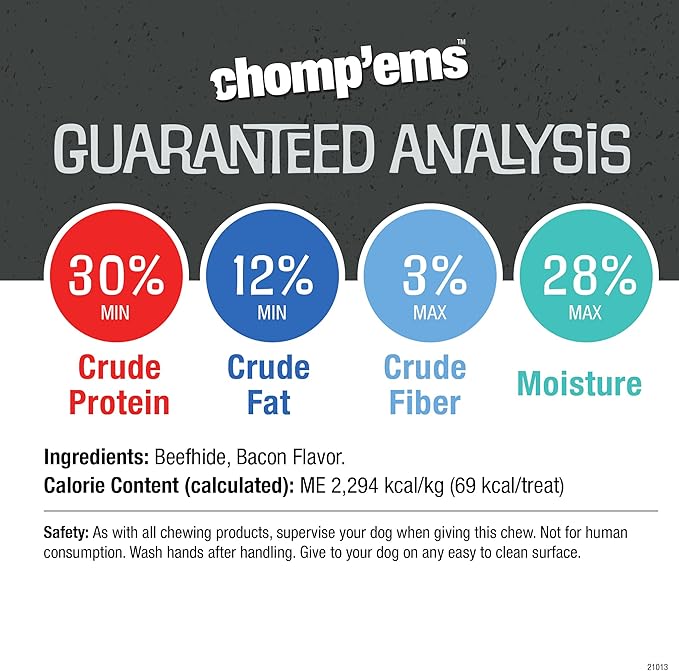 CHOMP 'EMS Purehide Beefhide Dog Chews, Bacon Flavor, 12 Oz - 100% Digestible Long Lasting Dental Treat