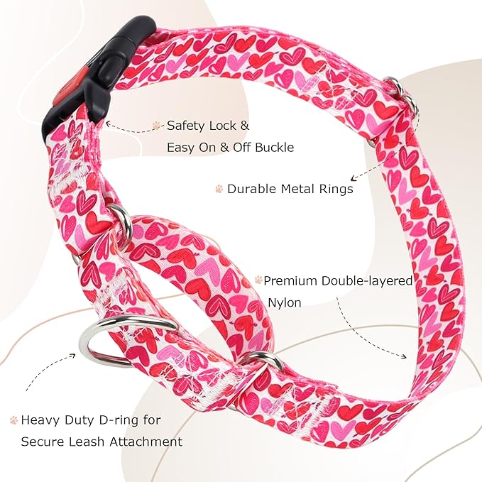Martingale Collar for Dogs, Pink Heart Dog Collar for Small Medium Large Dogs, Girl Dog Collars with Quick-Release Buckle for Training, Walking, Hunting (M)