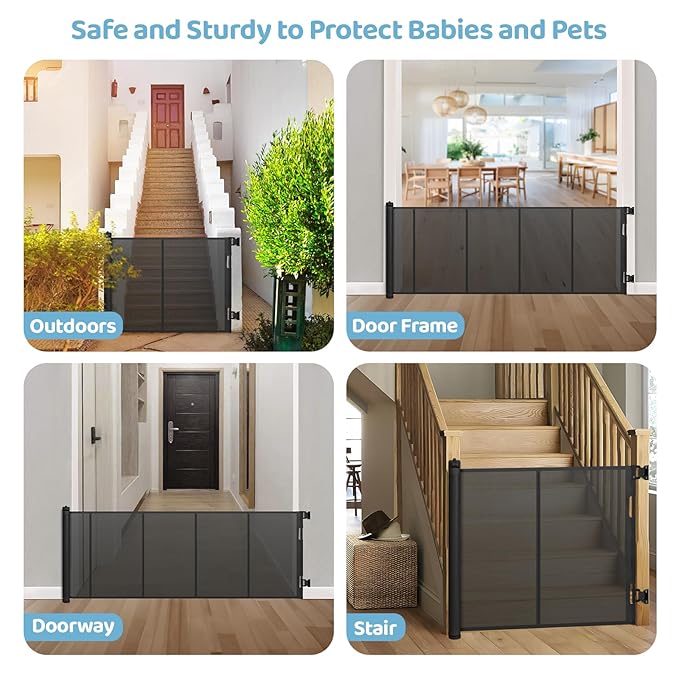 120 Inch Extra Wide Retractable Baby Gate for Large Opening, 33” Tall, Upgraded Dog Gate with Fiberglass Rods for Doorways, Indoor & Outdoor and Stairs, Black