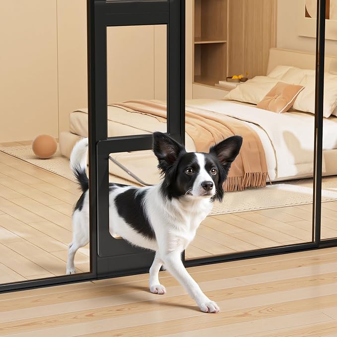 Dog Door for Sliding Glass Door, Magnetic Plastic Flap, Adjustable Height, No-Cut Insert with Lock, Ideal for Renters, Apartments, Patio Black L