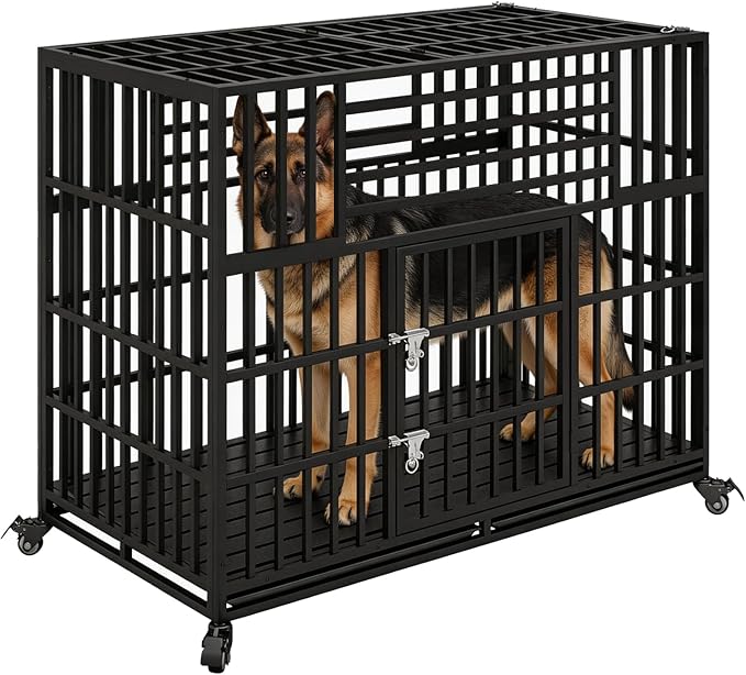 56 Inch Heavy Duty Indestructible Dog Crate, Chewproof Escape-Proof Indoor Double Door Cage with Wheels and Trays, Impact Steel Kennel for High Anxiety Large Giant Dogs, XL/XXL