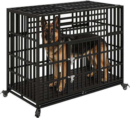 56 Inch Heavy Duty Indestructible Dog Crate, Chewproof Escape-Proof Indoor Double Door Cage with Wheels and Trays, Impact Steel Kennel for High Anxiety Large Giant Dogs, XL/XXL