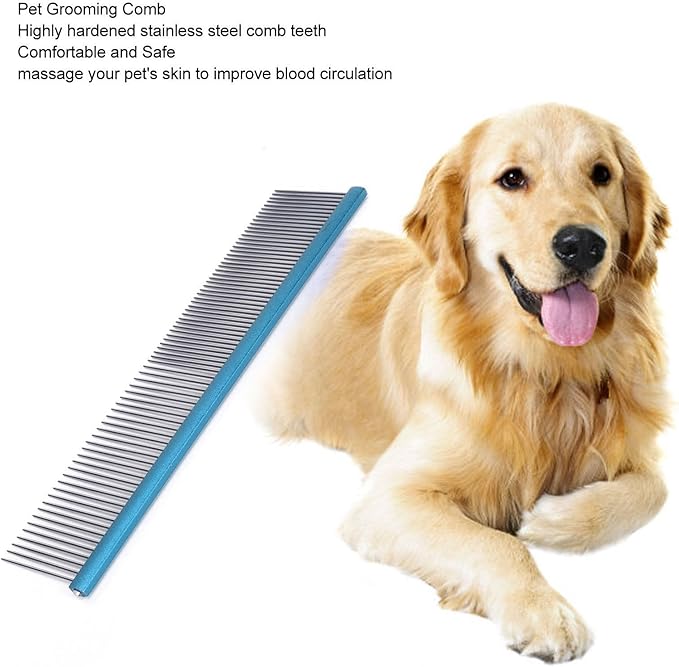 Pet Steel Comb Dogs and Cats, Professional Dog Grooming Comb For Shedding Tangles Knots, Pet Dematting Comb with Rounded Teeth and Non Slip Grip Handle for Long Haired Breeds(Blue 22cm/8.7in)