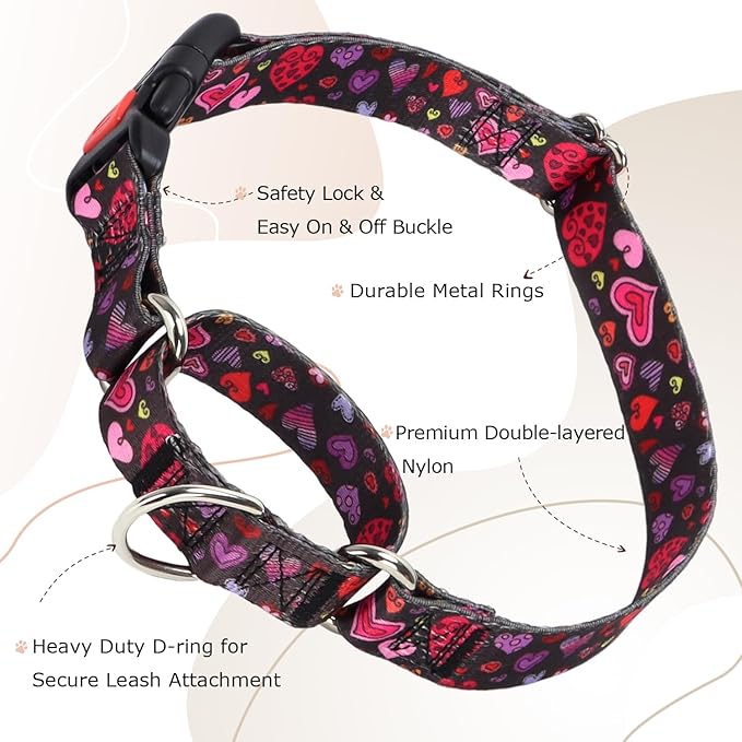 Martingale Collar for Dogs, Girl Dog Collar with Love Heart Design for Small Medium Large Dogs, Adjustable Safety Buckle Dog Collar for Training, Walking, Hunting (L)