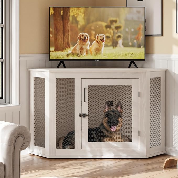 PUKAMI 52 inch Corner Dog Crate Furniture,Wooden Dog Kennel Furniture with Mesh,Decorative Wood Dog House for Small/Medium/Large Dog,Perfect for Indoor Limited Room