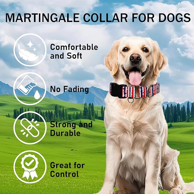 American Flag Martingale Collar 4th of July Star Holiday Dog Collar with Buckle Adjustable Pet Collars (Red Blue Patriotic Stripes, Large)
