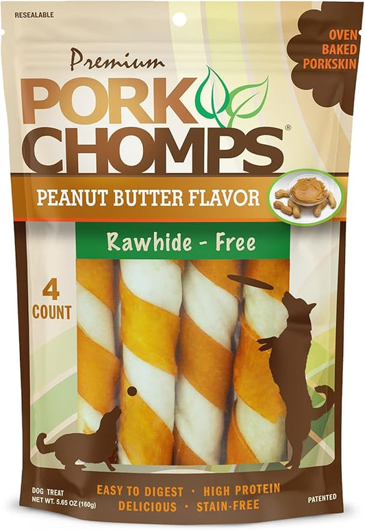 Pork Chomps Baked Pork Skin Dog Chews, 6 Inch Twists, 4 Count - Peanut Butter Wrap - Long-Lasting Treats for Dogs - High Protein, Rawhide-Free, Low Fat, Healthy & Delicious Chews