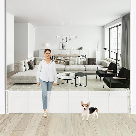 24 Inch Tall x 150 Inch Extra Wide Retractable Dog Gate for The House, Short Baby Gate to Step Over, Reinforced Mesh Puppy Gate for Doorways, Step Over Pet Gate for Stairs, Indoor/Outdoor, White