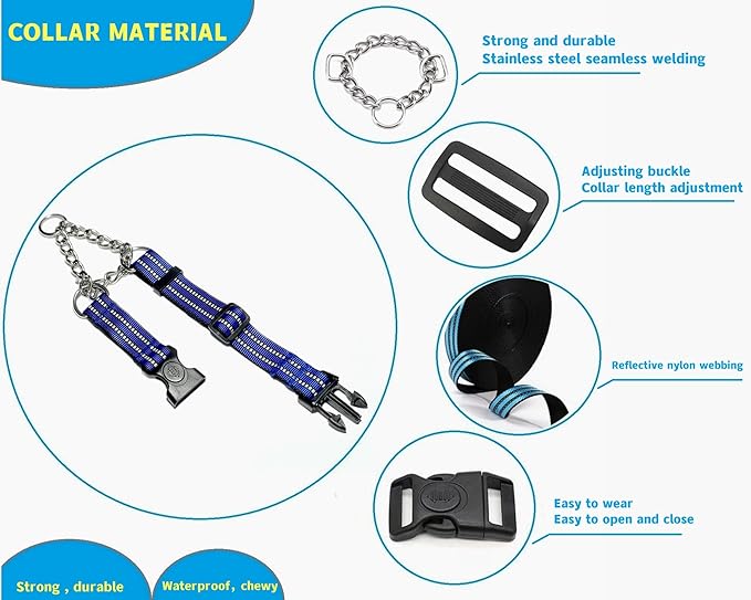 Martingale Collars for Dogs, Heavy Duty Stainless Steel Chain Training Collar, Reflective Nylon Adjustable Collar with Quick Release Buckle, Suitable for Puppy Medium Large Dogs((Blue, L)