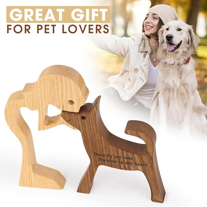 SENSUNIQ Dog Memorial Gifts, Cat Memorial Gifts, Wooden Carving Men and Dog Figura, Once by My Side Forever in My Heart - Sympathy Keepsake Dog Mom, Dog Dad for Loss of Pet (Dog and Woman)