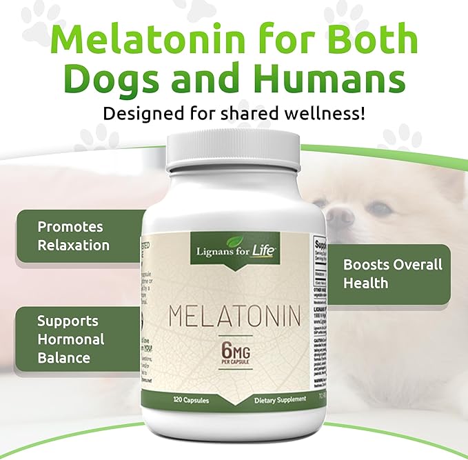Lignans for Life Melatonin for Dogs & People, 6mg - 120 Capsules - Capsules - Pet Treats - Vitamins for Overall Health