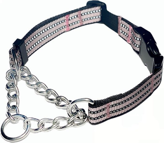 Martingale Collars for Dogs, Heavy Duty Stainless Steel Chain Training Collar, Reflective Nylon Adjustable Collar with Quick Release Buckle, Suitable for Puppy Medium Large Dogs ((Pink, S)