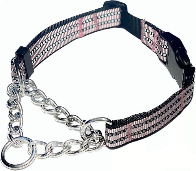 Martingale Collars for Dogs, Heavy Duty Stainless Steel Chain Training Collar, Reflective Nylon Adjustable Collar with Quick Release Buckle, Suitable for Puppy Medium Large Dogs ((Pink, M)