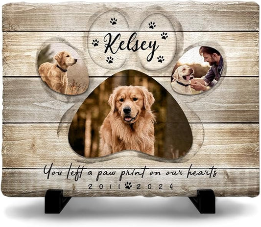 Bereavement Gift for Loss of Pets, Dogs, Cats - Paw Print on Our Hearts Stone - Meaningful Custom Message Option - Unique Home Decor Indoor, Stepping Stones Outdoor for Pet Lovers