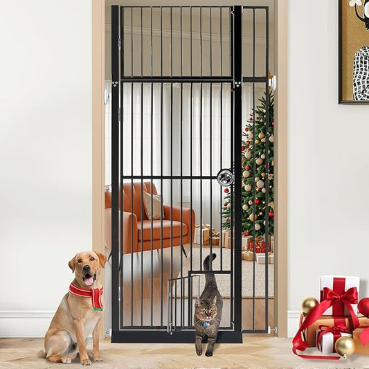 71" Extra Tall Pet Gate with Cat Door, Fits for 28.7"&37.5" Extra Wide Pressure Mounted Pet Barrier Auto-Close Safety Cat Gate with Walk Through Door Latch,Black, No Drill