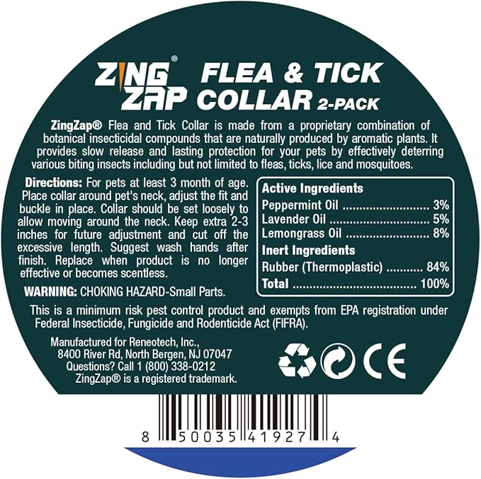 ZingZap Flea & Tick Collar 2-Pack Blue, Protects from Biting Insects, Adjustable Fits Both Dogs & Cats, Built-in Plant Based Formula, Slow-Release Lasting Protection, Waterproof