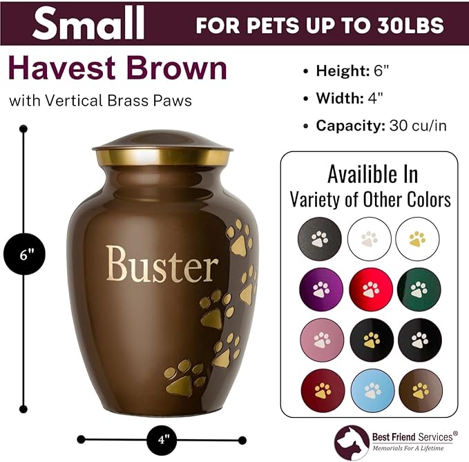 Ottillie Paws Premier Series Pet Urn for Dogs and Cats with Personalized Laser Engraving (Small - Pets up to 25 lbs, Harvest Brown with Vertical Brass Paws)