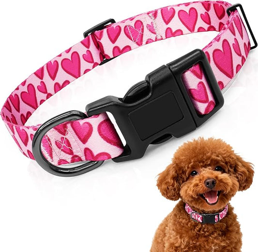 Kazazoo Dog Collar Cute and Soft Nylon Puppy Collar Girl, Adjustable Dog Collars for Small Medium Dogs, Hot Pink Heart-S