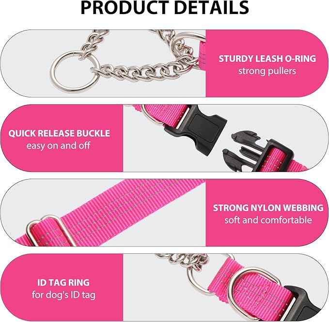 Martingale Dog Collar with Quick Release Buckle Steel Chain No Pull Training Reflective Collar for Medium Large Dogs(Pink, Medium)