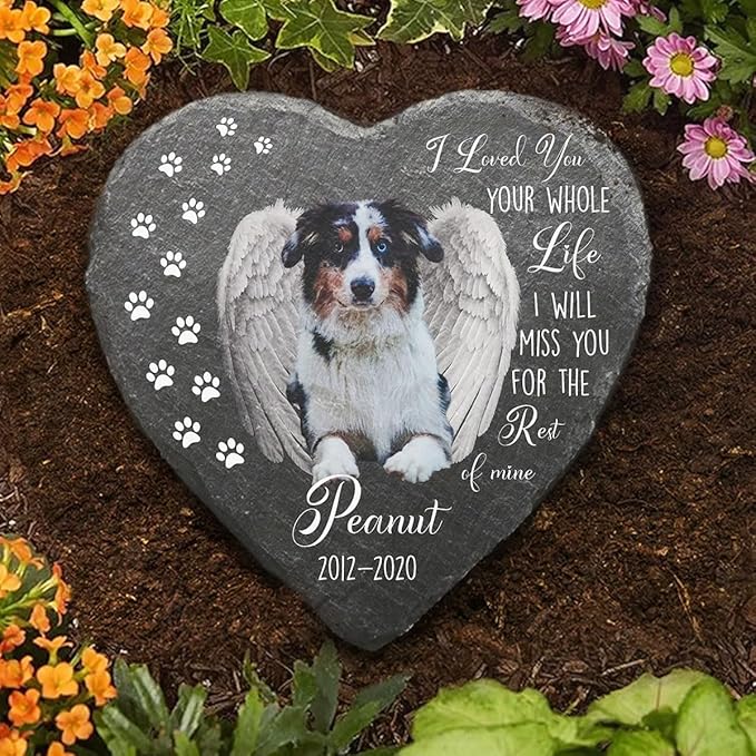Wrappiness Pet Memorial Stone - We Loved You Your Whole Life, Personalized Dog Memorial Gifts, Remembrance Condolences Bereavement Gifts for Loss of Pet Custom Photo (Heart 06, Stone with Stand)