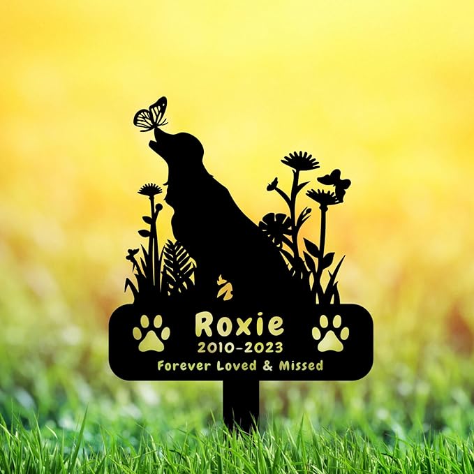 Custom Metal Flowers Dog Memorial Grave Marker, Personalized Butterfly Dog Memorial Stake Grave Marker, Customized Plants Dog Plaque Memorial Sign with Stake Pet Grave Marker Sympathy Gift