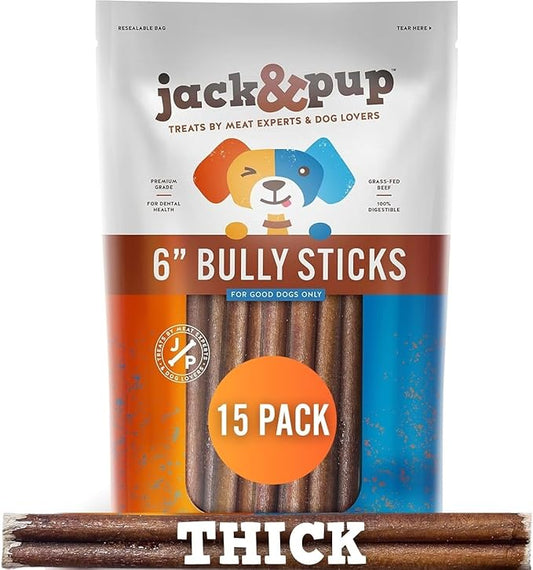 Jack&Pup 6 Inch Bully Sticks for Medium Dogs | Thick Odor Free Bully Sticks for Large Dogs | All Natural Beef Pizzle Sticks (Thick, 15 Pack)