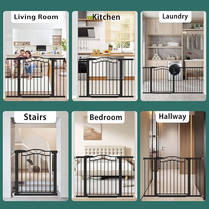 Black Baby Gate with Door-Walk Through Baby Gates for Stairs Pressure Mounted no Drill-Indoor Tension Metal Child Pet Dog Safety Gate 35.04"-37.80" Wide