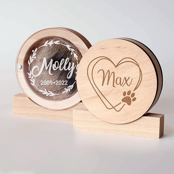Personalized Pet Hair Keepsake Box for Dog and Cat Fur - Engraved Wood Memorial Box - Unique Customized Gift for Loss of Furry Friend Wooden (Light Round Wood/Acrylic Lid)