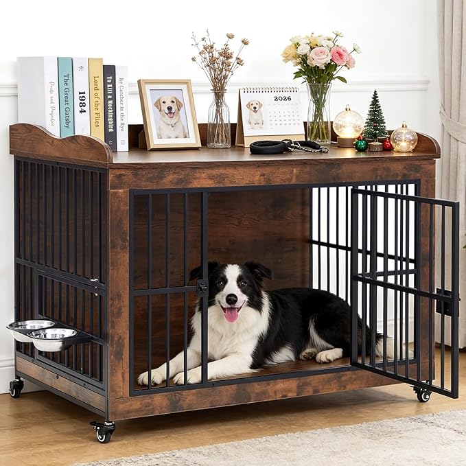 42" Furniture Dog Crates for Medium/Large Dogs, Wooden & Steel Decorative Dog Kennel Furniture with Storage Platform, Indoor Pet House Cage End Tables, TV Stands, Rustic Brown
