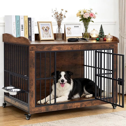42" Furniture Dog Crates for Medium/Large Dogs, Wooden & Steel Decorative Dog Kennel Furniture with Storage Platform, Indoor Pet House Cage End Tables, TV Stands, Rustic Brown