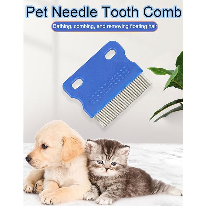 Stainless Steel Pet-Combs for Cats and Dogs, Fine Tooth Grooming Tool, Anti-Flea Combs with Non-Slip Handle, Tear Stains Remover, Blue