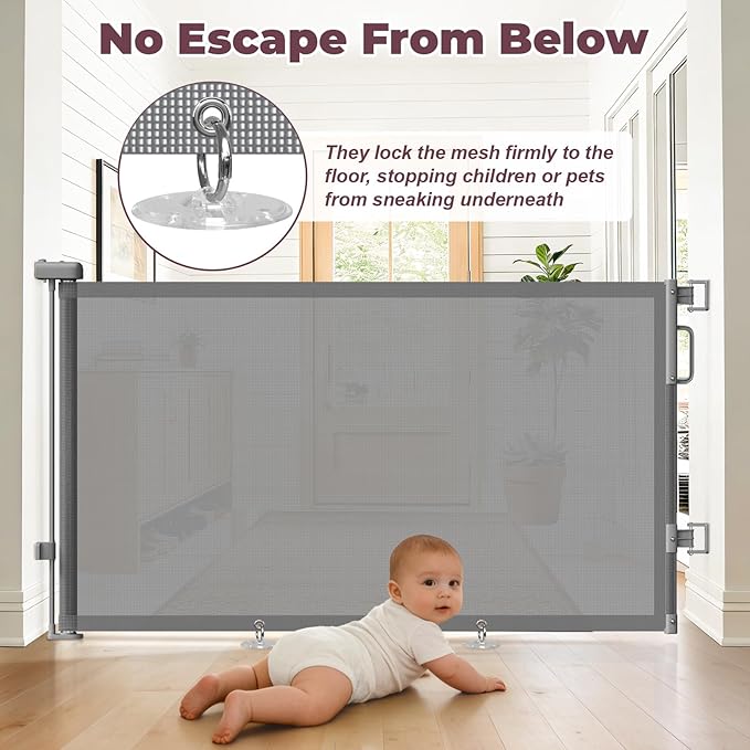 Retractable Baby Gates for Doorways, 58" Extra Wide Mesh Child Dog Gate for Stairs, 34" Tall Toddler Pet Gate Indoor and Outdoor, Easy Install, Essential for Home Safety, Gray